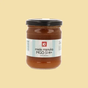 Vasetto frontale di Miele di Manuka 514+ MGO Ki da 250g con etichetta azzurra e tappo nero.