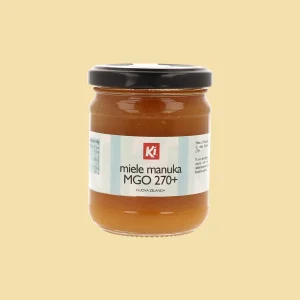 Vaso di Miele di Manuka MGO 270+ Bio KI 250g visto frontalmente, con etichetta chiara e tappo nero.
