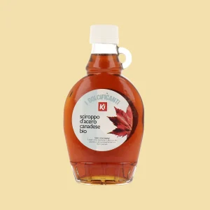 Bottiglia di sciroppo d'acero canadese biologico Ki da 250ml vista frontale, con etichetta bianca e foglia d'acero rossa.