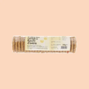 Confezione frontale di frollini bio cereali e fiocchi d’avena Ki, biscotti integrali senza olio di palma, ricchi di fibre, 250g.