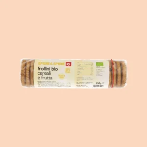 Confezione frontale di frollini bio cereali e frutta Ki da 250g, biscotti integrali senza olio di palma.