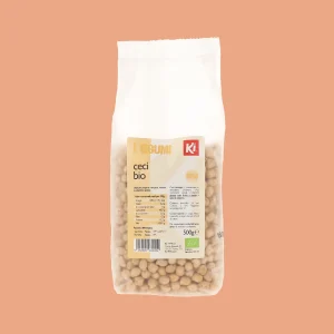 Confezione da 500g di ceci biologici Ki, in sacchetto trasparente con etichetta gialla e logo Ki, ricchi di proteine e fibre, ideali per zuppe, insalate e piatti tradizionali.