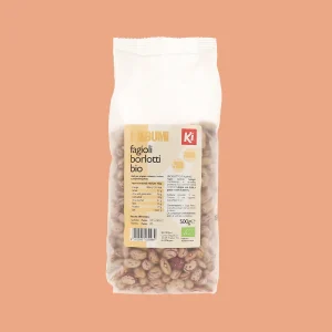 Confezione da 500g di Fagioli Borlotti Biologici Ki, in sacchetto trasparente con etichetta gialla, ricchi di fibre e proteine.