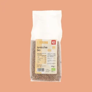Confezione da 500g di Lenticchie Biologiche Ki, in sacchetto trasparente con etichetta gialla, ricche di fibre e proteine vegetali.