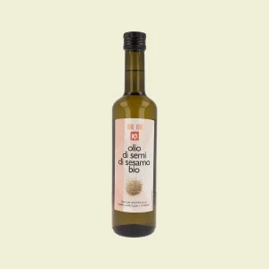 Bottiglia da 500ml di Olio di Semi di Sesamo Biologico Ki, etichetta frontale con nome del prodotto e immagine di semi di sesamo.