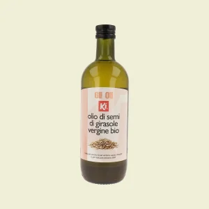 Bottiglia di Olio di Semi di Girasole Vergine Biologico Ki da 1 litro, con etichetta frontale bianca e immagine di semi di girasole.