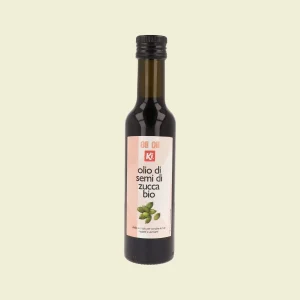Bottiglia da 250ml di Olio di Semi di Zucca Biologico Ki vista frontale, etichetta chiara con immagine di semi di zucca.