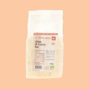 Confezione frontale Chips di Cocco Bio KI 250g, frutta secca biologica senza glutine e senza zuccheri aggiunti.