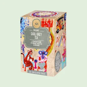 Confezione di tè Earl Grey biologico Ministry of Tea con illustrazioni colorate, miscela di tè nero biologico e bergamotto, formato da 20 filtri.