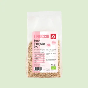 Confezione da 500 g di fiocchi di farro integrale biologico Ki, cereali bio ricchi di fibre e fonte di proteine, ideali per colazione e muesli.