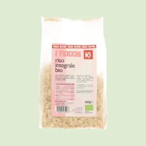 Confezione di fiocchi di riso integrale biologici Ki da 400g, senza glutine, in sacchetto trasparente con etichetta frontale.