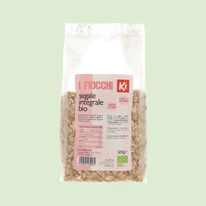Confezione frontale di fiocchi di segale integrale biologici Ki da 500g, cereali integrali ricchi di fibre in sacchetto trasparente.