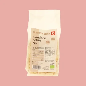 Immagine frontale confezione di mandorle pelate biologiche Ki 300g, etichetta con valori nutrizionali e certificazione bio.