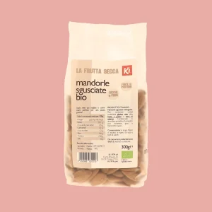 Confezione frontale di Mandorle Sgusciate Bio Ki da 300g, frutta secca biologica ricca di fibre e proteine.