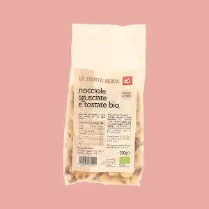 Confezione frontale di Nocciole Sgusciate e Tostate Bio KI da 300g, frutta secca biologica.