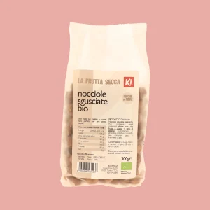Confezione da 300g di Nocciole Sgusciate Biologiche Ki, con etichetta frontale beige e logo Ki rosso.