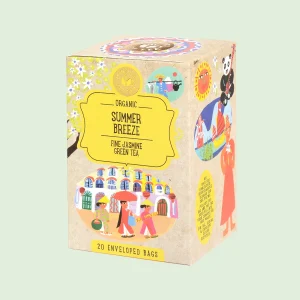 Confezione di tè verde al gelsomino biologico Summer Breeze del brand Ministry of Tea con 20 filtri, scatola illustrata colorata con etichetta gialla su sfondo verde chiaro.