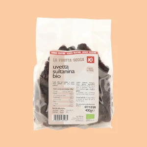 Confezione da 400g di Uvetta Sultanina Biologica Ki, etichetta con logo Ki, dicitura “senza glutine” e certificazione bio.