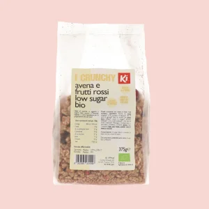 Confezione da 375g di Crunchy Avena e Frutti Rossi Low Sugar Biologico Ki, con etichetta frontale beige e logo Ki.