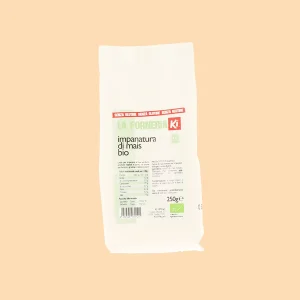 Confezione di impanatura di mais biologica Ki da 250 grammi, senza glutine e senza sale aggiunto, su sfondo chiaro.