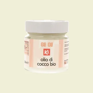 Vasetto in vetro di olio di cocco biologico Ki da 200 ml con etichetta frontale, tappo bianco e contenuto solido naturale