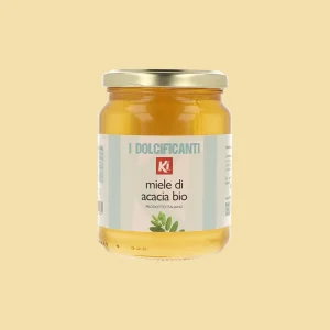 Vasetto da 500g di Miele di Acacia Biologico Ki, con etichetta azzurra e tappo dorato.