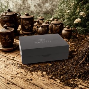 Scatola expo Semper Tea chiusa, di colore nero opaco con logo centrale, appoggiata su superficie in legno naturale con foglie di tè e teiere artigianali sullo sfondo.