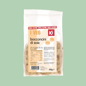 Confezione da 300 g di bocconcini di soia biologici Ki senza glutine, in sacchetto trasparente con etichetta beige. Prodotto vegetale ricco di proteine e fibre, ideale come alternativa alla carne.