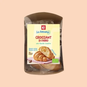 Confezione di Croissant di Farro biologici Ki La Forneria, 4 pezzi da 40g, con lievito madre, senza uova e senza latte, su sfondo neutro beige.