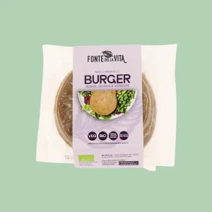 Burger vegetale bio Fonte della Vita con avena, quinoa e verdure in confezione da 2 pezzi da 80 g, prodotto vegano ricco di proteine senza olio di palma.