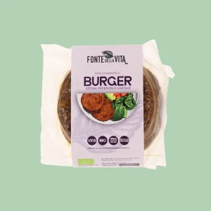 Burger vegetale bio Fonte della Vita con seitan, peperoni e funghi shiitake. Ricco di proteine, senza olio di palma e 100% vegano. Confezione da 2 burger da 80g.