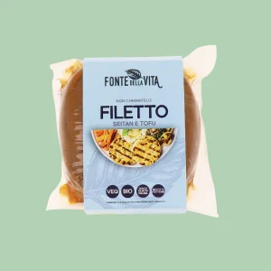 Confezione di filetto vegetale biologico Fonte della Vita a base di seitan e tofu, prodotto vegano ricco di proteine da 250 grammi.