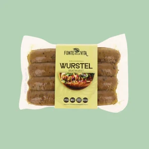 Wurstel vegetali bio stile bratwurst Fonte della Vita. Ricchi di proteine, 100% vegani e senza olio di palma. Ideali per griglia, padella o hot dog.