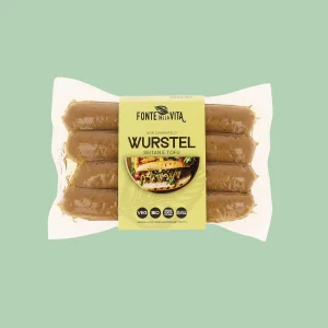 Confezione frontale dei wurstel vegetali bio Fonte della Vita a base di seitan e tofu, alternativa vegana ricca di proteine.